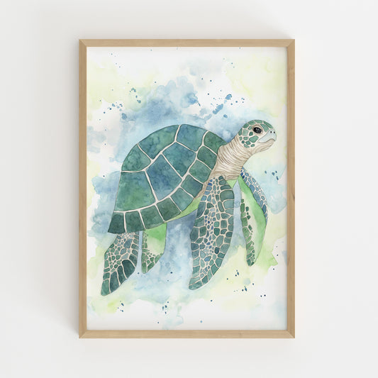 Framed artwork of a sea turtle on a watercolor background, nursery poster