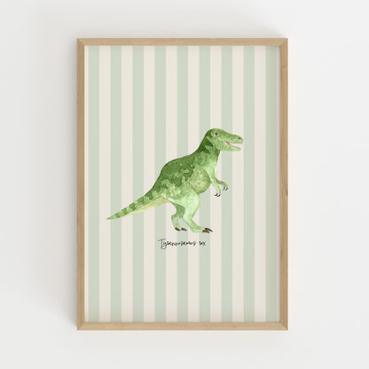 A framed art print featuring a green watercolor illustration of a T-rex dinosaur on a background of vertical cream and pale green stripes, enclosed in a light natural wood frame.