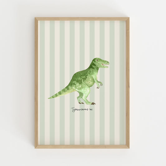 A framed art print featuring a green watercolor illustration of a T-rex dinosaur on a background of vertical cream and pale green stripes, enclosed in a light natural wood frame.