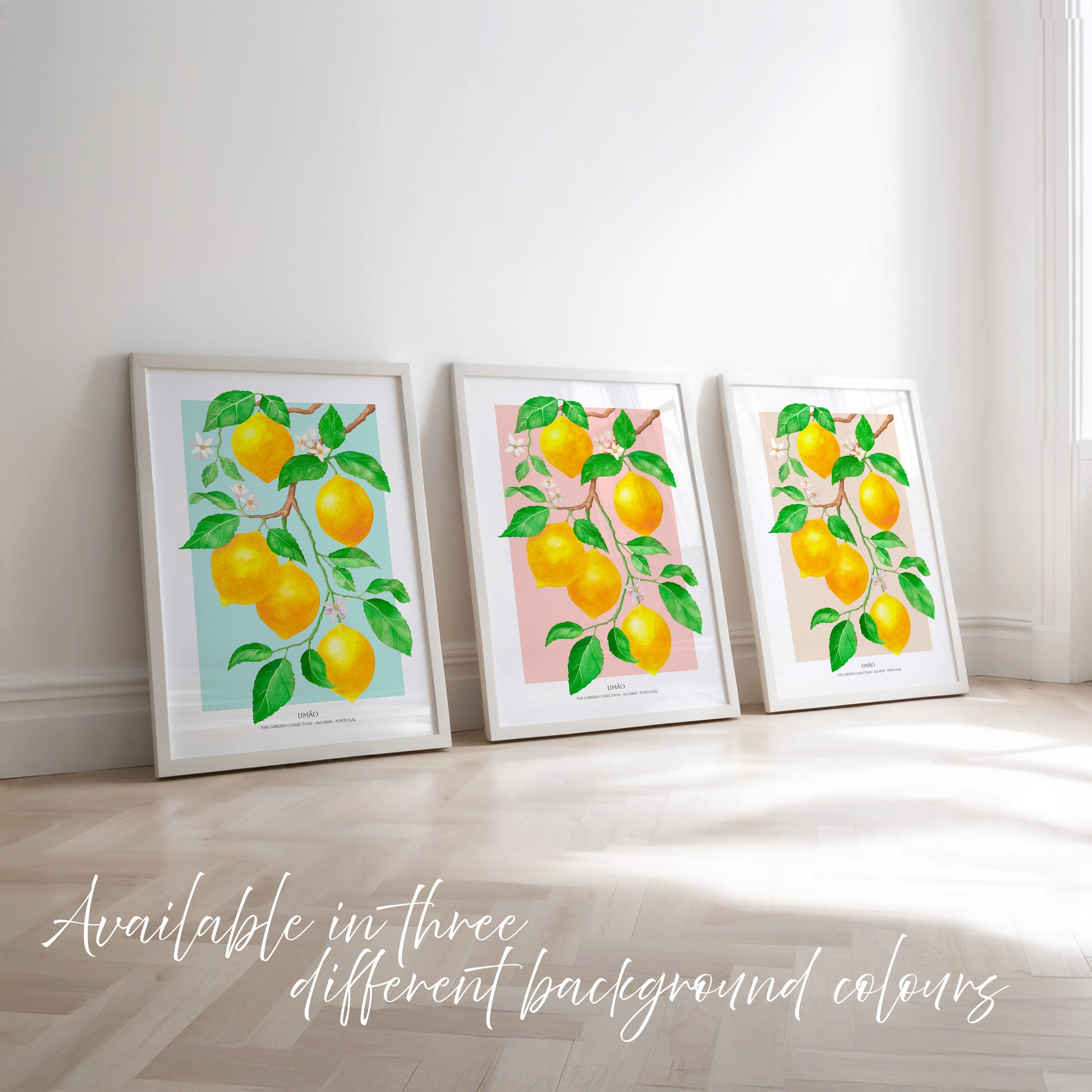 Three framed prints of lemons on a branch with green leaves, displayed against a white wall.