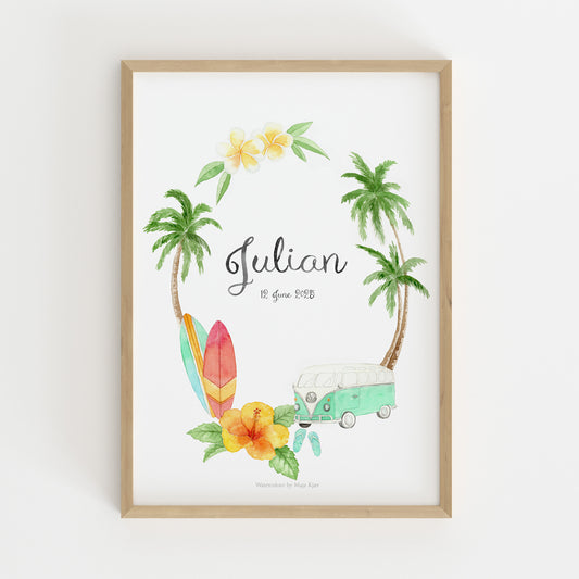 Framed nursery name print with palm trees, flowers, and a van on a white background