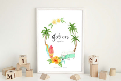 beach and surf-inspired name print for  nursery wall art  in white frame on display shelf with wooden toy blocks