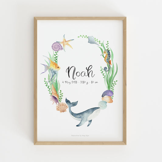 Framed name poster with an underwater theme featuring a whale, sea plants, and text on a white background.