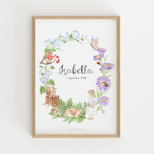 Custom name poster with woodland animals and florals in watercolour, featuring a little girl, a bambi, a squirrel, a bird, a ladybug and a butterfly. 