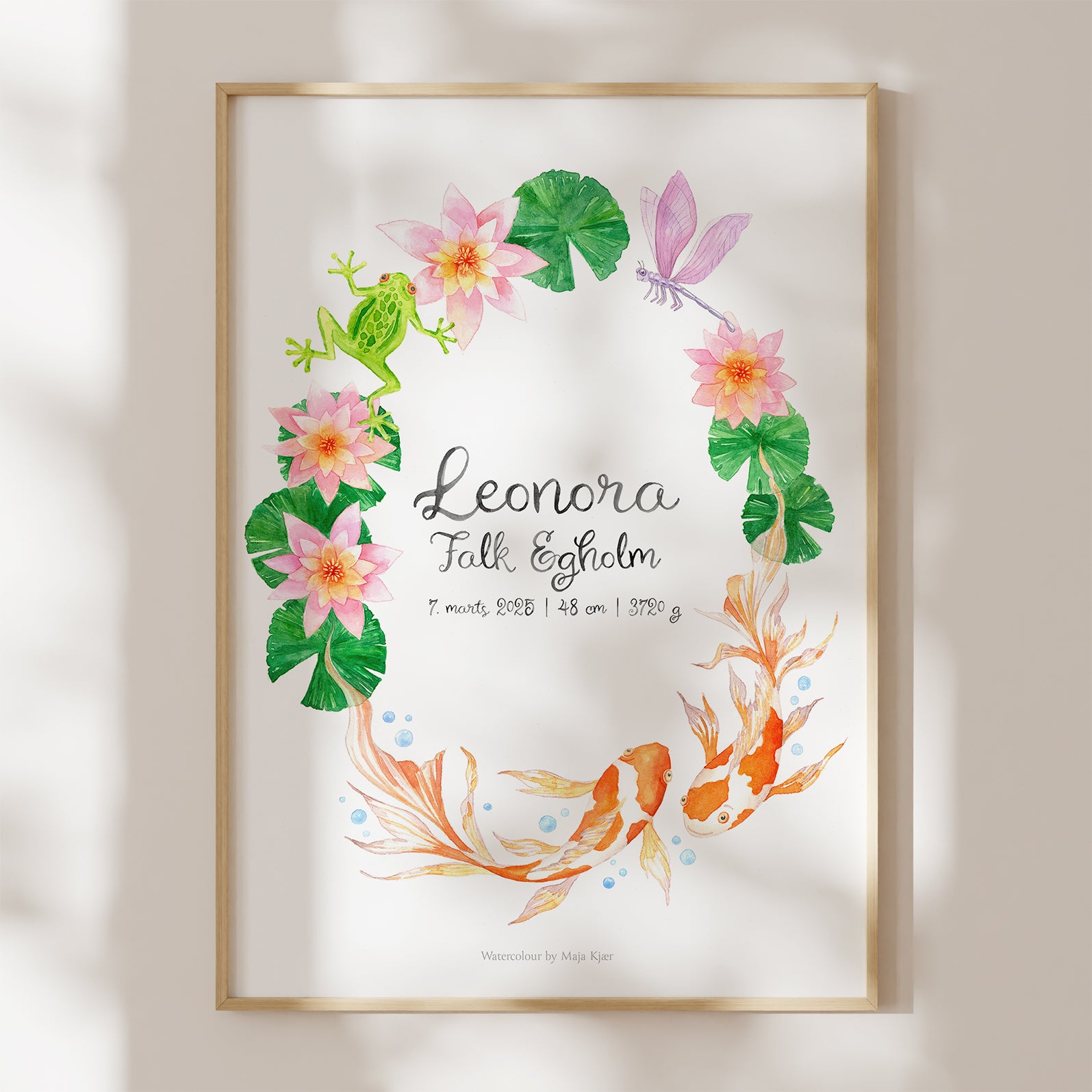 Personalised Pisces zodiac sign poster for girls with floral wreath of water lilies with koi carp, frog, and dragonfly
