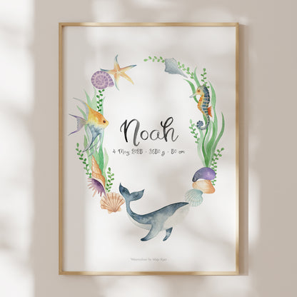Framed artwork with underwater theme and name 'Noah' on a light background