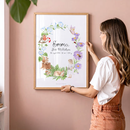 Custom Virgo zodiac print featuring a little girl, forest animals, and wildflowers, fine art name poster for baby room.

Navneplakat for stjernetegnet Jomfruen med skovens dyr i en krans af blomster til pigeværelset 